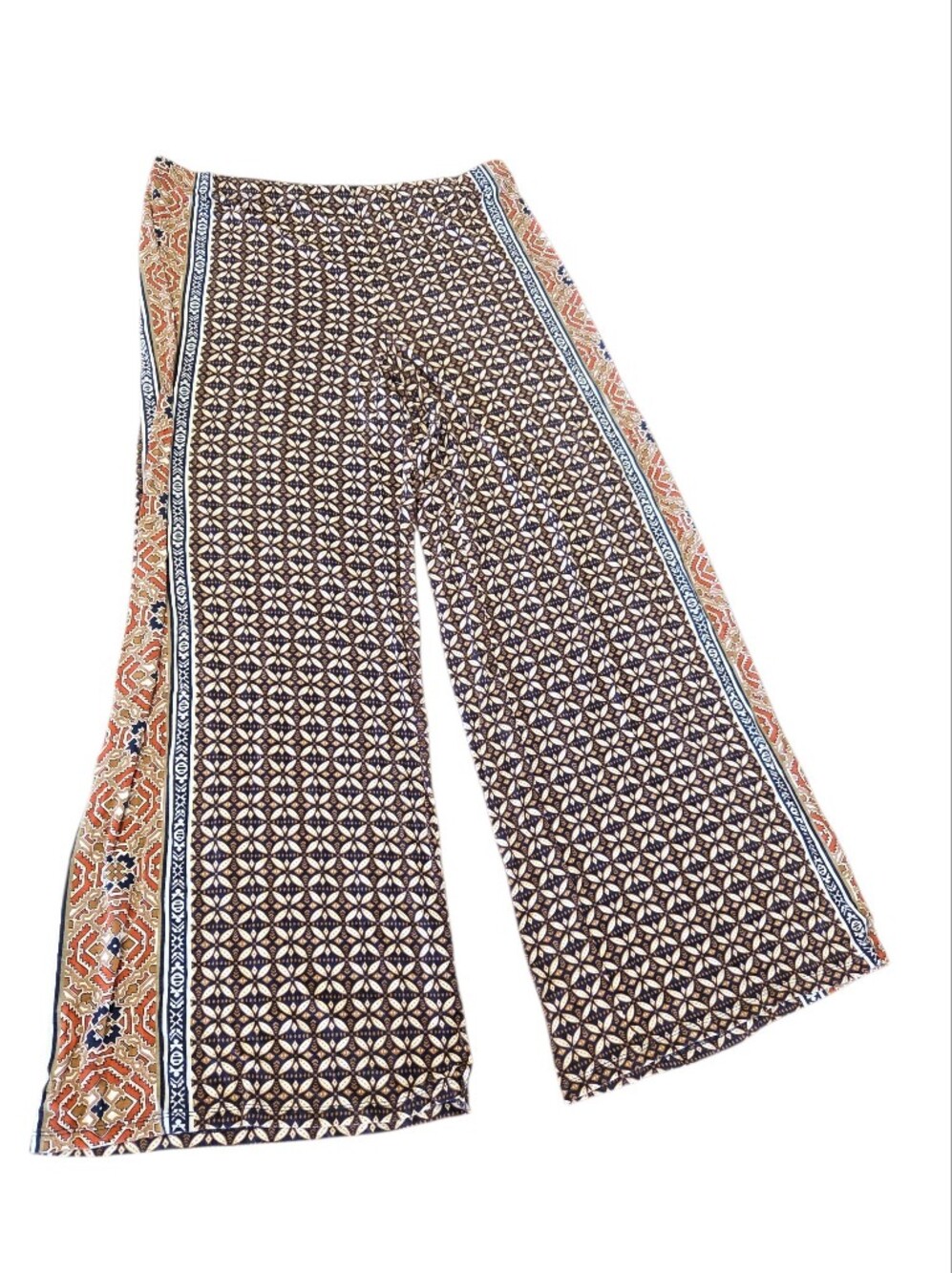 Cato Brown, Cream & Navy Geometric Border Wide Leg Pants